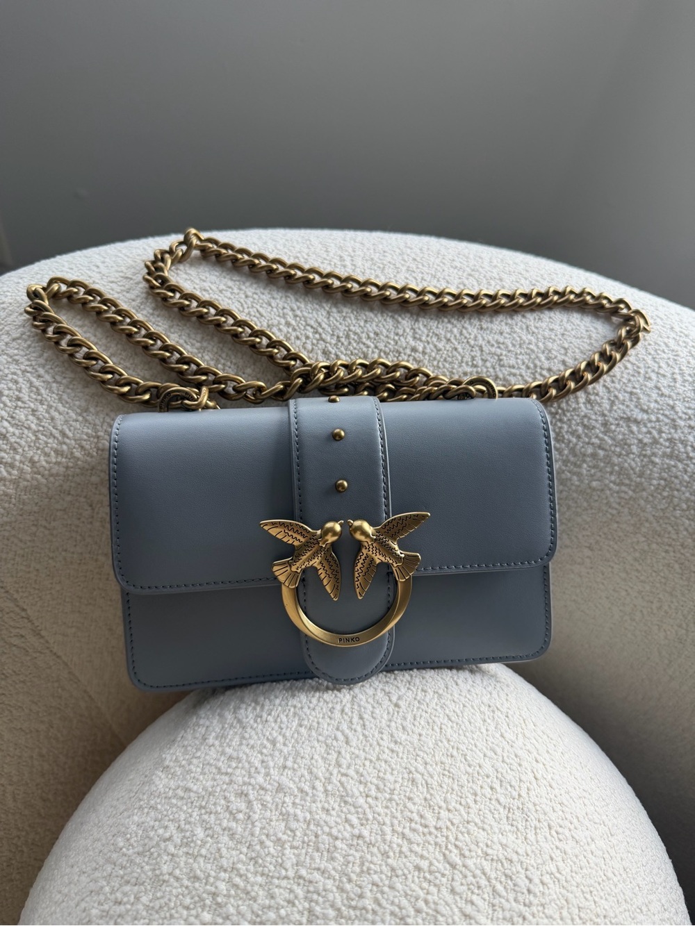 Pinko Blue Leather Crossbody Bag with Gold Bird Ring